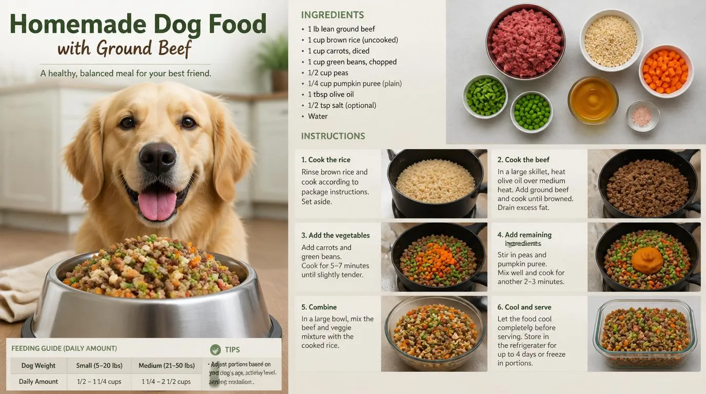 Homemade ground beef and rice dog food in a bowl